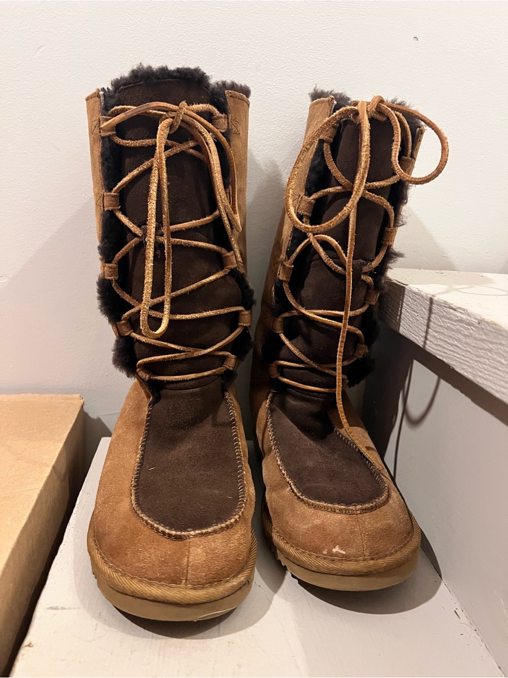 UGG Kids Chestnut and Dark Brown Lace-Up Shearling Boots
